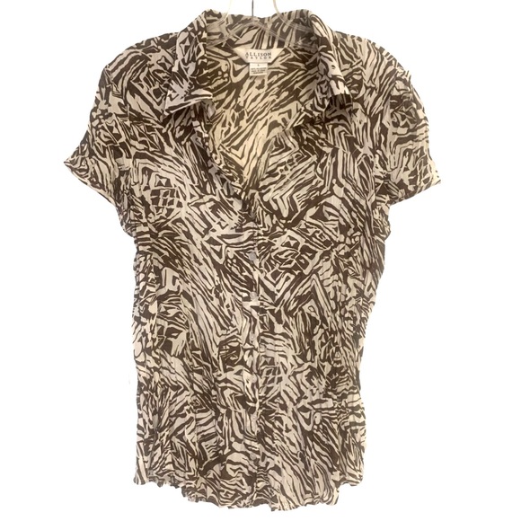 Allison Taylor Blouse Button Up Sheer Geometric Print Brown White Crinkle Size L - Picture 1 of 3